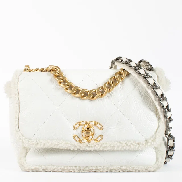 21B White Shearling Small Chanel 19 Bag in White from Labellov