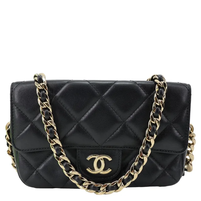 Chanel Elegant CC Flap Quilted Lambskin Leather Chain Crossbody Bag Black in Black Lambskin from Dallas Designer Handbags