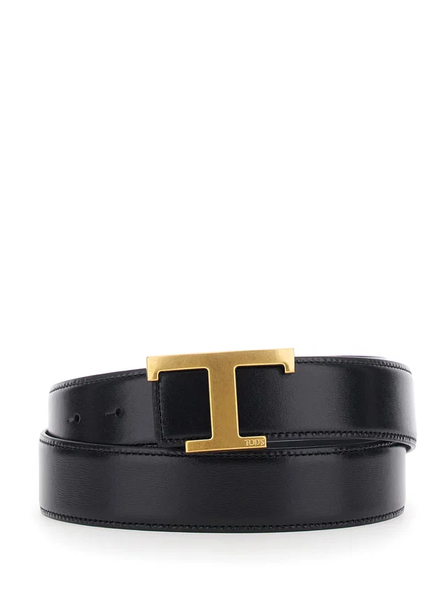 Tod's Leather T-Buckle Belt — Black Calf in Black Leather from HEWI
