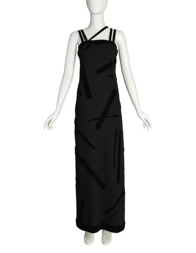 Chanel Vintage AW 1998 Black Wool Abstract Velvet Applique Column Gown Dress in Black Velvet from Amarcord Vintage Fashion