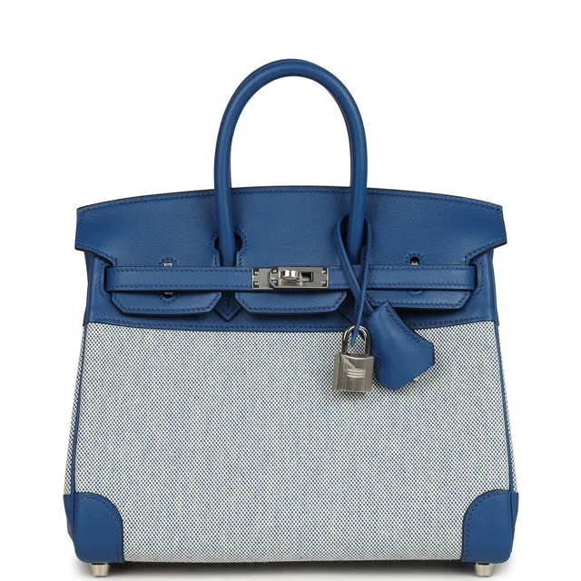 Hermès Birkin 25 Bleu France Swift and Bleu Bill-Ecru Toile H Canvas Palladium Hardware in Blue Swift leather from Madison Avenue Couture