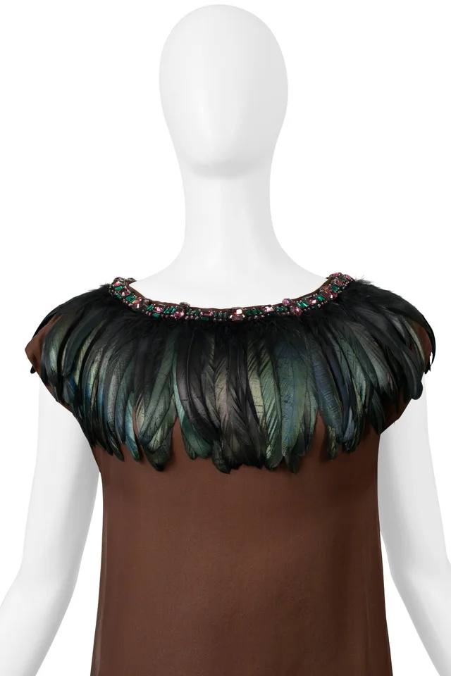 Dolce & Gabbana Brown Mini Dress With Feathers in Brown Silk from Resurrection Vintage, photo 2 of 2