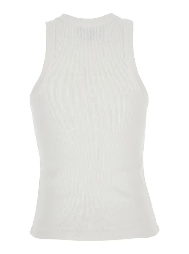 ICON DENIM White Sleeveless Top with Round Neck and Logo Patch on the Front in Cotton for Women in White, photo 4 of 6 from Gaudenzi Boutique