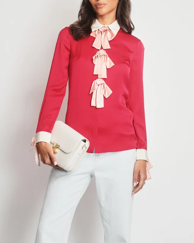 Gucci Fuschsia Pink Silk Shirt With Pink Bow Detail Size UK 4 in Pink Silk from Sellier