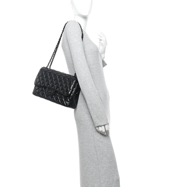 Chanel Shiny Crumpled Calfskin Quilted Jumbo Double Flap So Black in Black Calfskin from FASHIONPHILE, photo 2 of 14