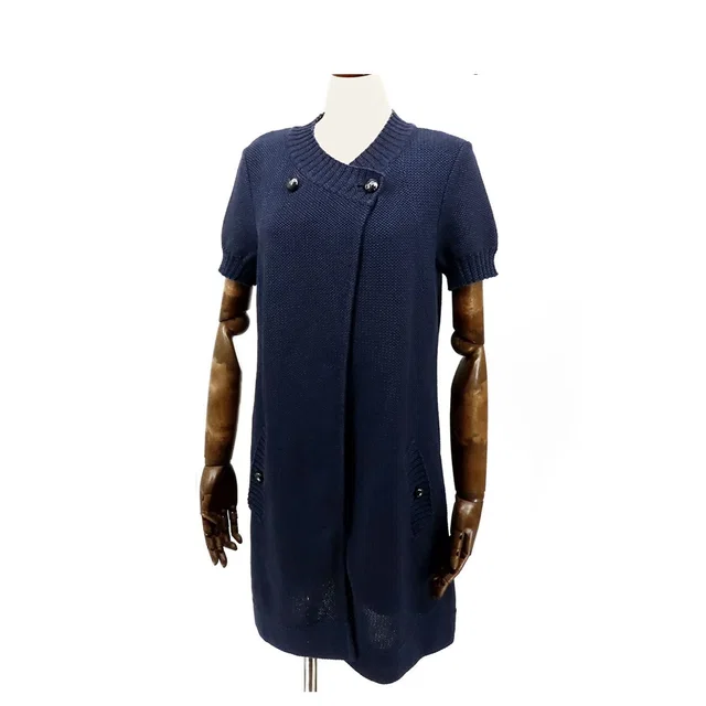 Chanel Long Knit Cardigan Navy Cotton Short Sleeve Top 36 in Navy from The Reluxe
