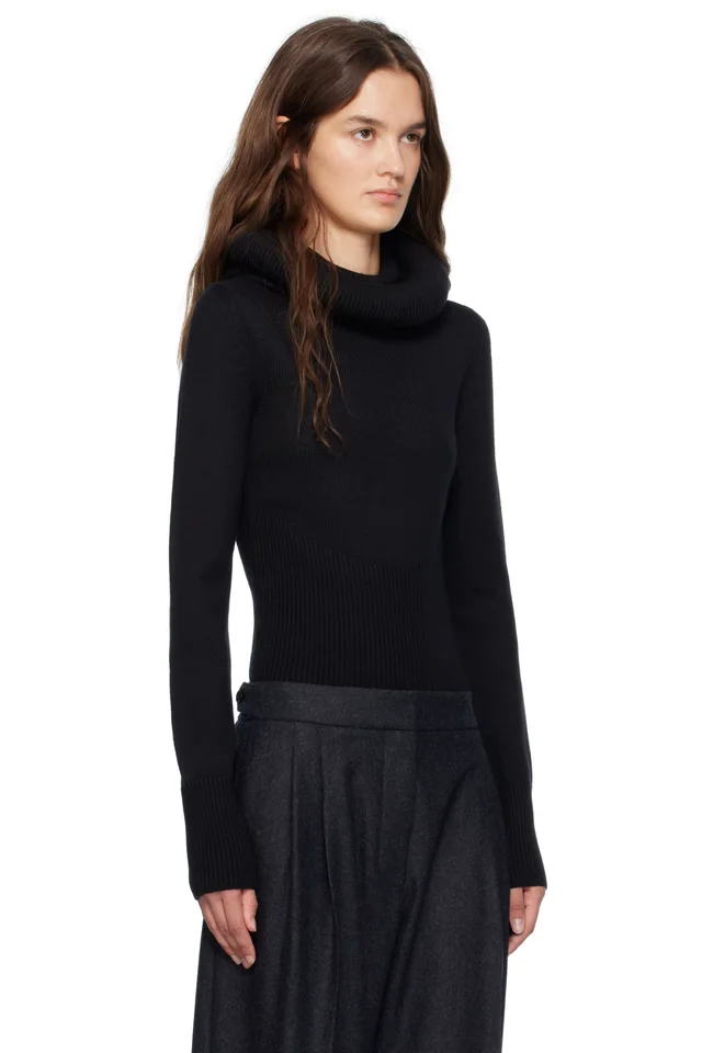 ALAÏA Black Sculptural Hood Ribbed Knit Turtleneck, photo 2 of 5 from SSENSE