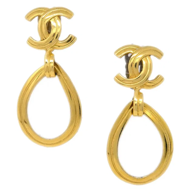 Chanel Dangle Hoop Earrings Gold Clip-On 96P in Gold from AMORE Vintage Tokyo
