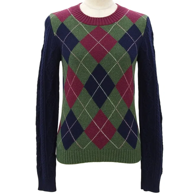 2013 Chanel CC Button Argyle Knit Top #34 Purple/Green/Navy in Navy Cashmere from VINTAGE QOO TOKYO