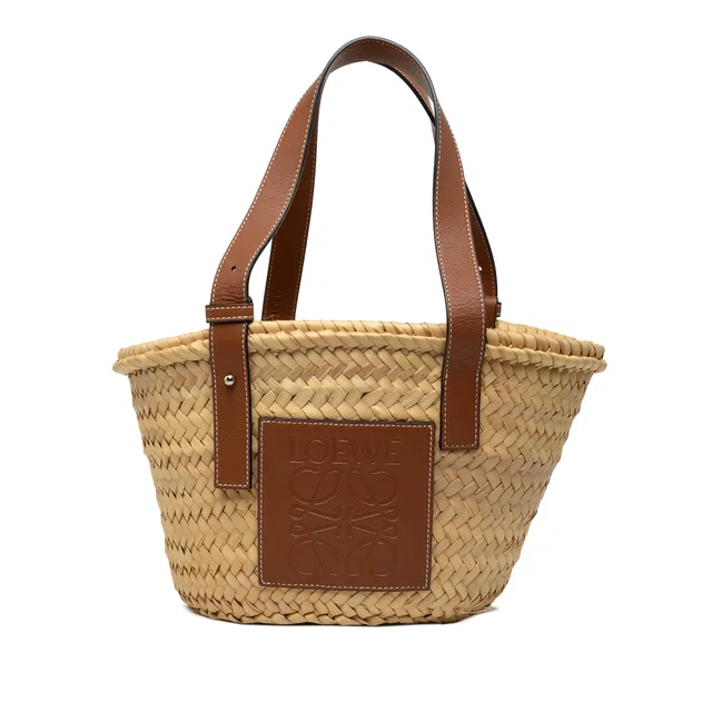 Beige LOEWE Small Raffia Anagram Basket Tote in Beige Raffia from Designer Revival