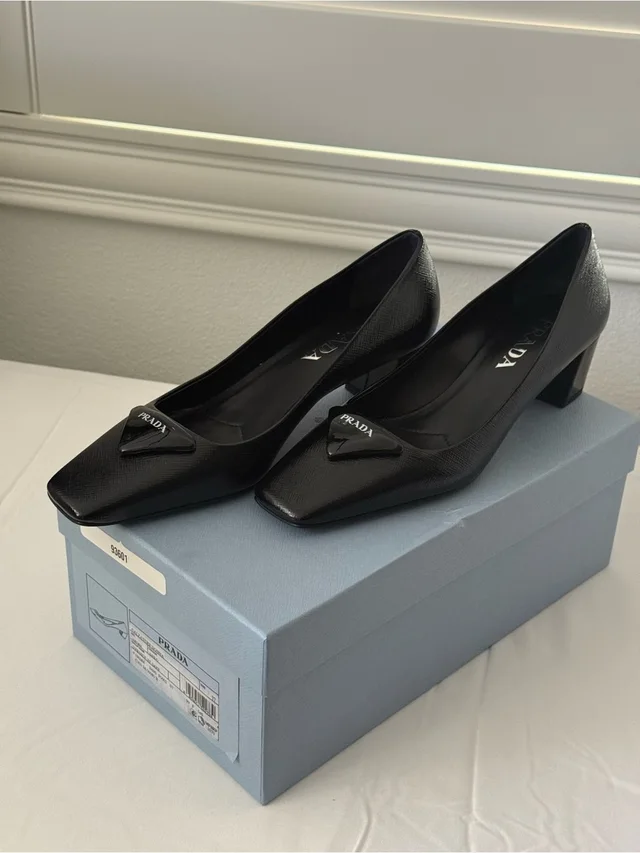 Prada Calzature Donna Black Leather Square Toe Mid Heel Pumps in black Leather from Poshmark