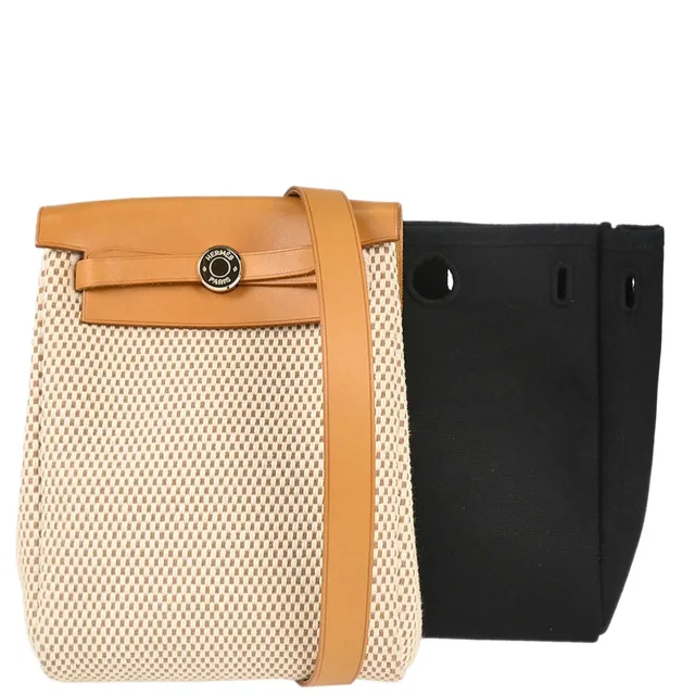 Hermès 2004 Black Natural Toile Officier GM Herbag TPM 2 in 1 Shoulder Bag in Black Leather from AMORE Vintage Tokyo