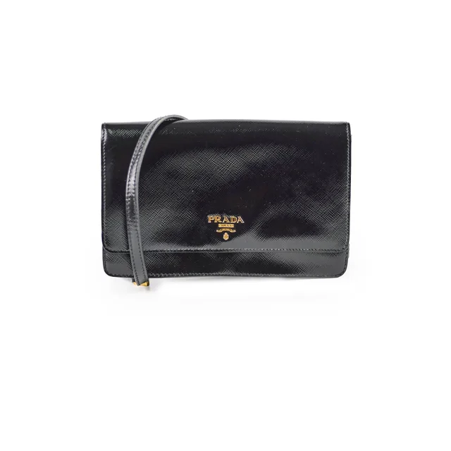 Prada Shiny Black Wallet On Chain Crossbody in Black Saffiano leather from The Purse Affair