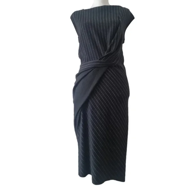 Max Mara Black Pinstripe Draped Sheath Dress in white|black Wool from Poshmark