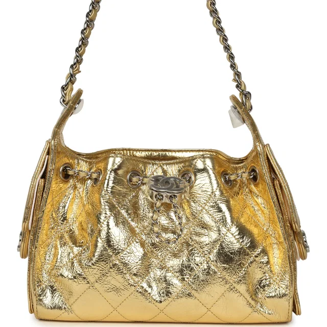 Chanel Mini 25 Hobo Bag Metallic Gold Calfskin Silver Hardware in Gold Calfskin from Madison Avenue Couture