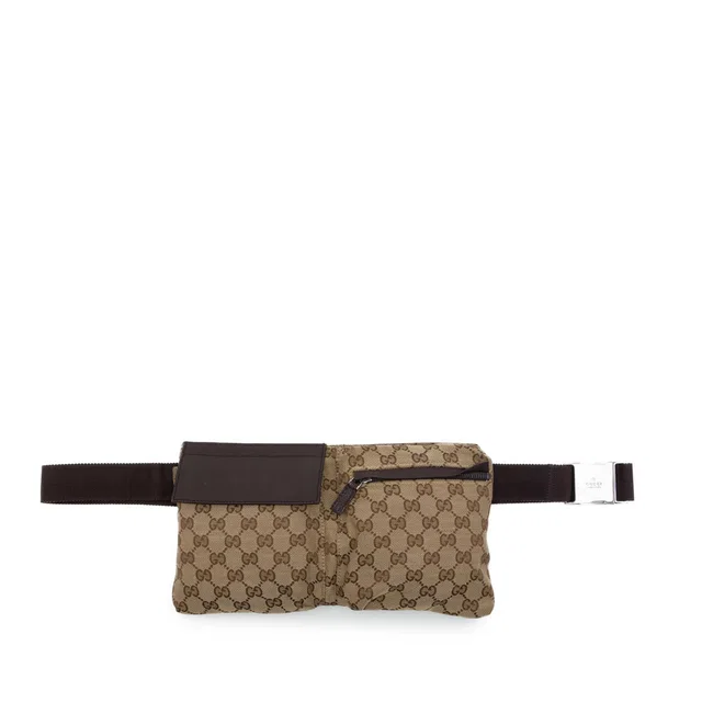 Brown Gucci GG Canvas Double Pocket Belt Bag in Brown Canvas from Designer Revival