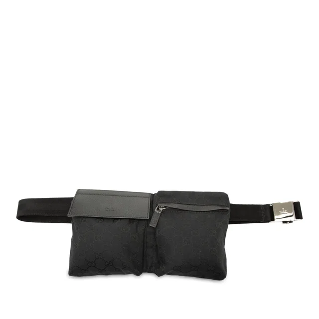 Black Gucci GG Canvas Double Pocket Belt Bag in Black Canvas from Designer Revival
