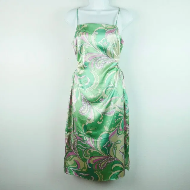 Christian Lacroix Paisley Satin Ruched Midi Dress Small Side Tie Y2k Retro Glam in pink|green Satin from Poshmark