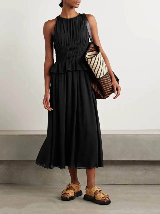 ULLA JOHNSON Adeline shirred silk crepe de chine peplum midi dress in Black, photo 2 of 2 from NET-A-PORTER (Canada)