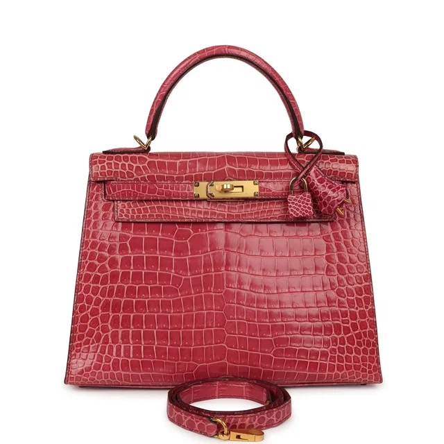 Hermès Kelly Sellier 28 Fuchsia Shiny Porosus Crocodile Gold Hardware in Pink Crocodile from Madison Avenue Couture