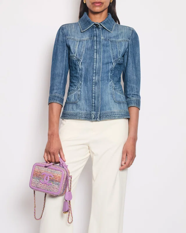 Chanel 08/P Blue Denim Long Sleeve Jacket with Quilted Pocket Detail Size FR 36 (UK 8) in Blue Denim from Sellier