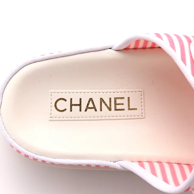 Chanel Printed Cotton Velcro Dad Flat Mules 41 White Pink in White from FASHIONPHILE, photo 8 of 10
