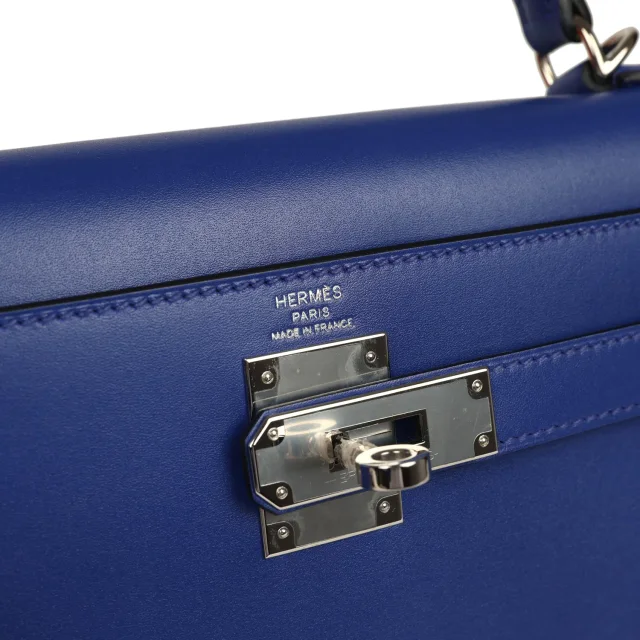 Hermès Kelly Sellier 28 Bleu Electric Tadelakt Palladium Hardware in Blue Goatskin from Madison Avenue Couture, photo 7 of 9