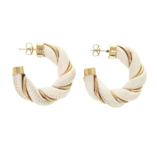 Bottega Veneta Twist Hoop 925 Sterling Silver Leather Gold White Earrings in White Leather from The Reluxe