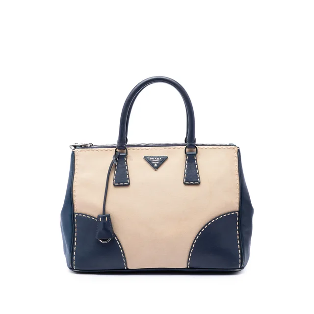 Beige Prada Medium Canvas and City Calf Stitch Galleria Double Zip Satchel in Beige Canvas from Designer Revival