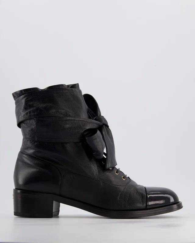 Chanel Black Crumpled Calfskin Lace Up Combat Boots with Tie-Up Straps & Patent Leather Toe Cap… in Black Calfskin from Sellier