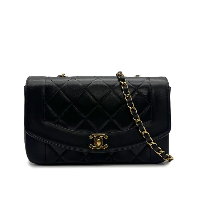 Chanel Vintage Diana Small Chain Shoulder Bag Black Lamb Skin Gold Hardware in Black from Luxury Promise