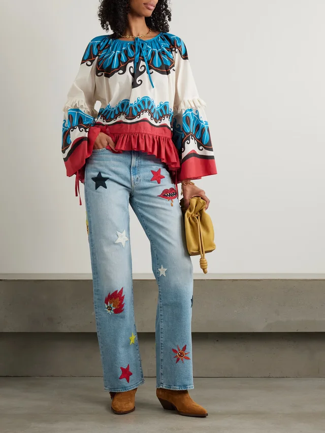LA DOUBLEJ + MOTHER Boho tie-detailed printed cotton peplum blouse in Blue, photo 2 of 2 from NET-A-PORTER (Canada)