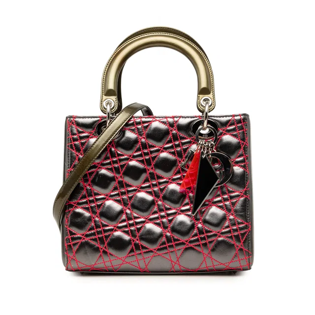 Gray Dior Anselm Reyle Medium Metallic Lambskin Cannage Lady Dior Satchel in Grey Lambskin from Designer Revival