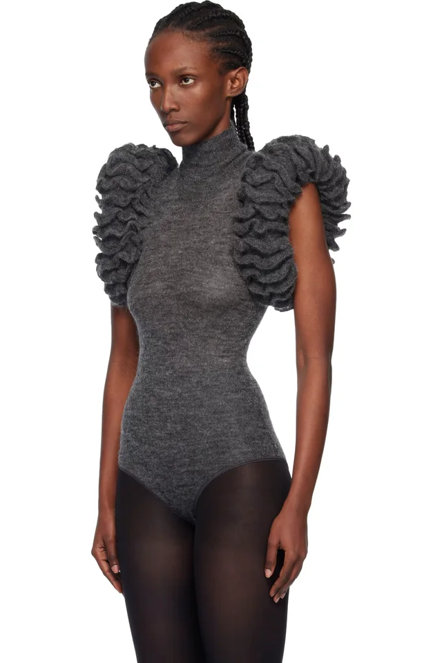 ALAÏA Gray Mohair Knit Sculptural Ruffle Bodysuit, photo 4 of 4 from SSENSE