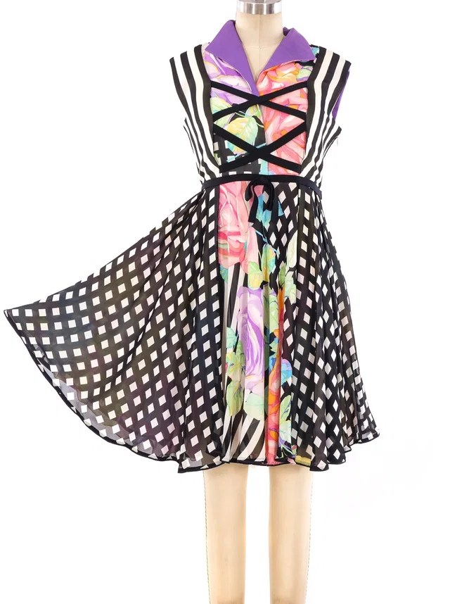 1992 Gianni Versace Graphic Printed Laced Mini Dress in Multicolor from Arcade Vintage