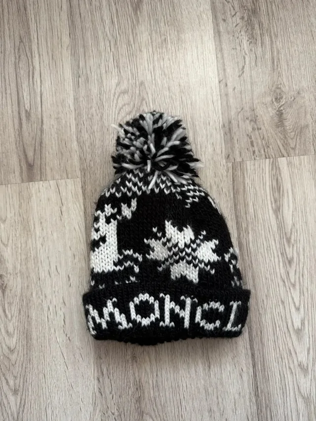Moncler Logo Jacquard Pom Hat Black White Wool Blend in multicolor Wool from Grailed