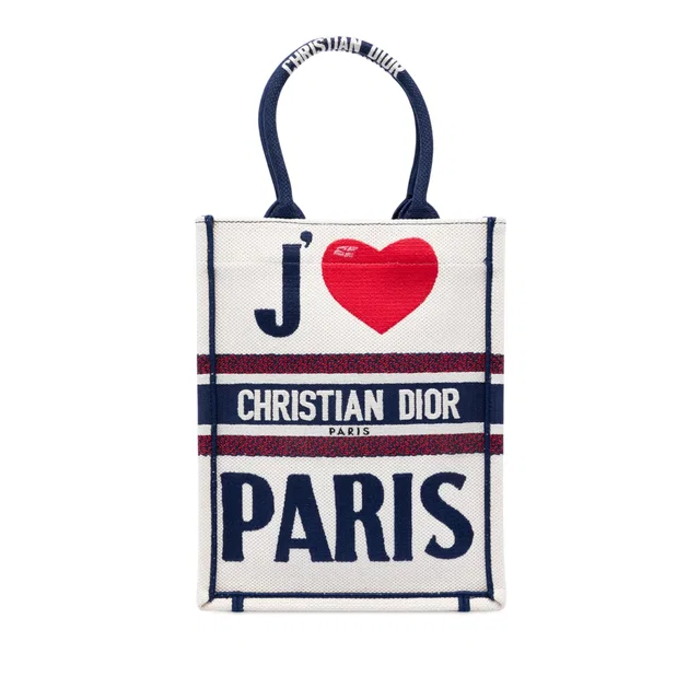 White Dior Embroidered Canvas I Love Paris Vertical Book Tote in White Canvas from Designer Revival