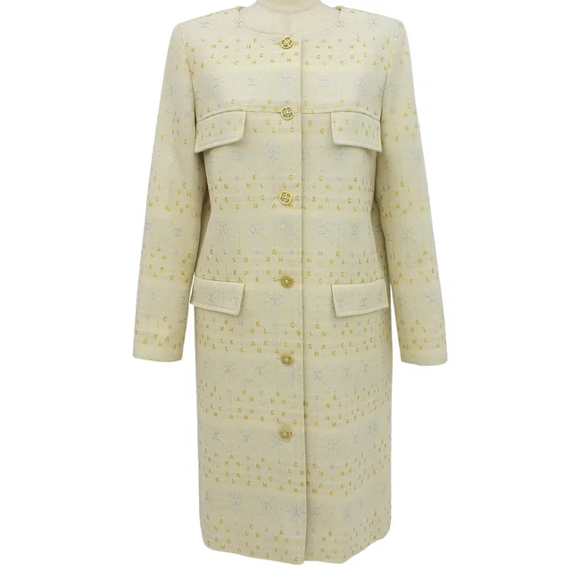 2001 CHANEL CC Mark Logo Pattern Collarless Coat #40 Beige in Beige Wool from VINTAGE QOO TOKYO