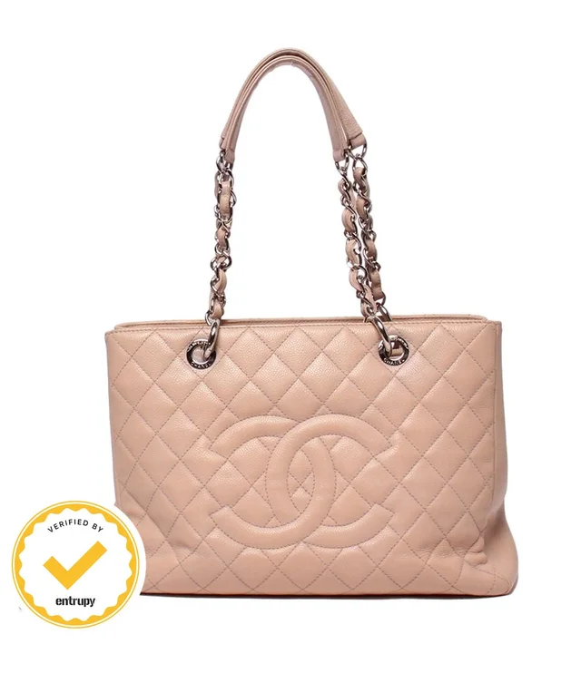 Chanel Chain Tote Bag Silver Caviar Leather Grand Shopping GST in Silver Caviar leather from The Reluxe