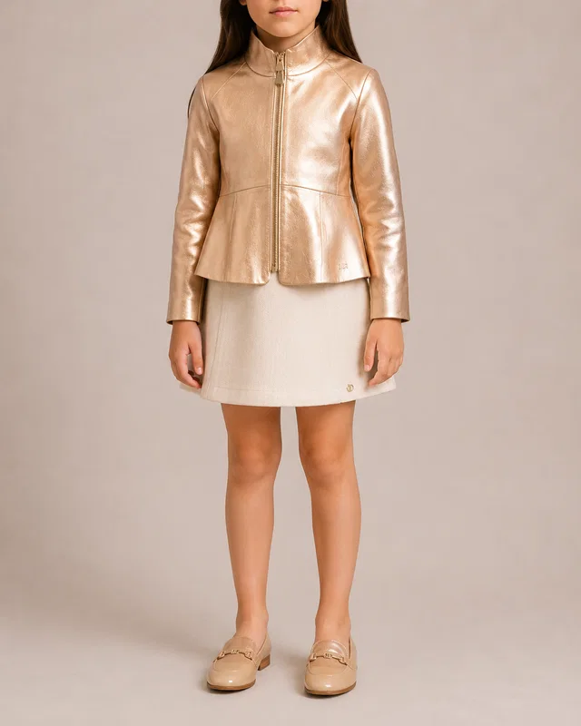 Dior Kids Metallic Gold Leather Jacket with Peplum and Logo Detail Size 10 years in Gold Leather from Sellier
