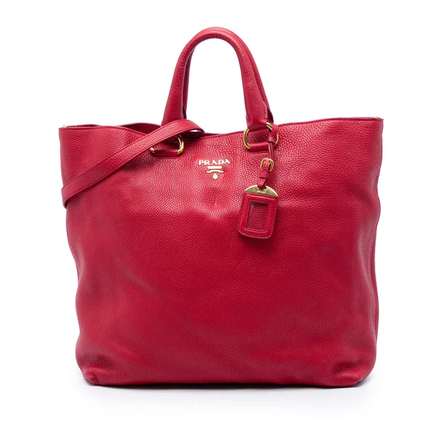Red Prada Vitello Daino Open Convertible Tote Satchel in Red Calfskin from Designer Revival