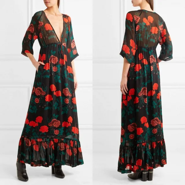 GANNI Georgette Maxi Newman Floral Euro 36 Us 4 in black|red from Poshmark