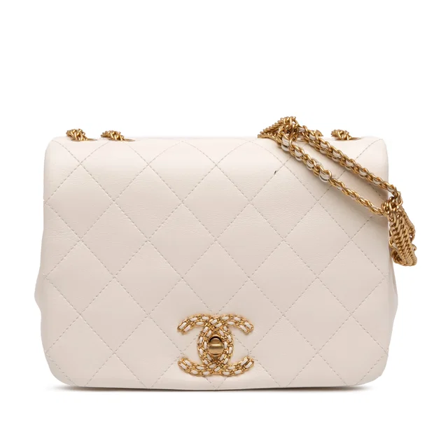 White Chanel Small Quilted Lambskin On And On Chain Flap Shoulder Bag in White Lambskin from Designer Revival