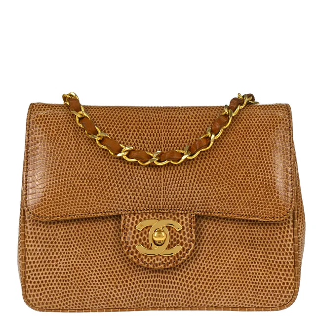 Chanel 1989-1991 Brown Lizard Mini Classic Square Flap Shoulder Bag 17 in Brown Lizard from AMORE Vintage Tokyo