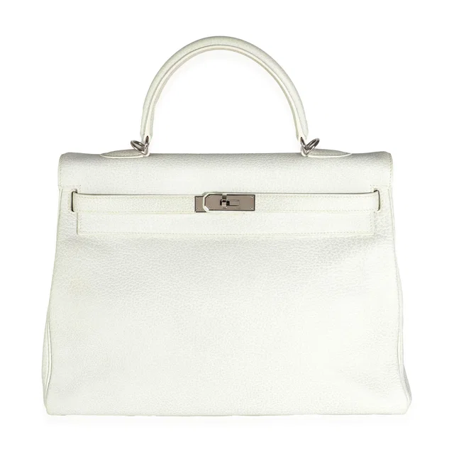Hermès Gris Perle White Buffalo Skipper Dalmatian Retourne Kelly 35 PHW in White Leather from myGemma
