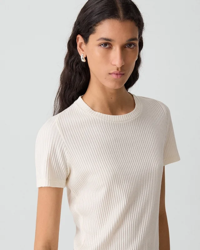 Theory Shrunken Crewneck Tee in Ribbed Cotton-Blend in IVORY, photo 11 of 12 from Theory