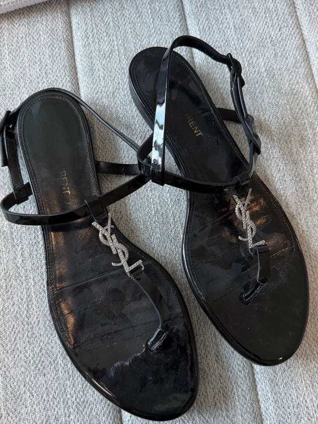 Saint Laurent Black Patent Leather Logo T-Strap Sandals in silver|black|gray Patent leather from Poshmark