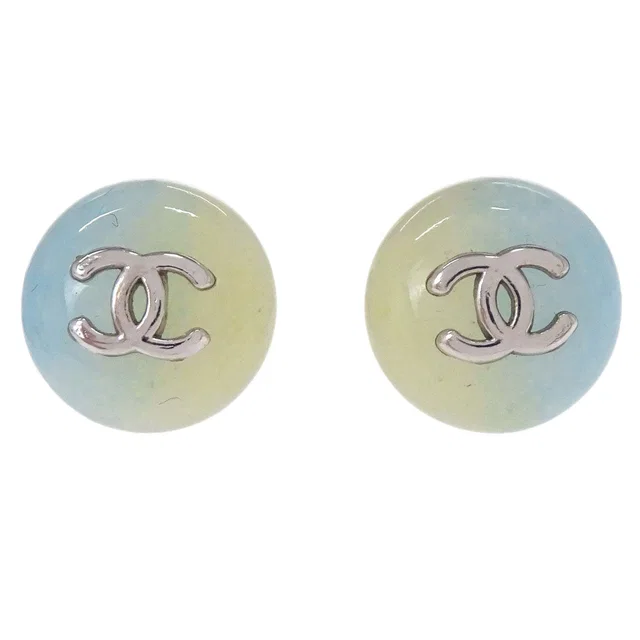 Chanel Button Pierced Earrings Acrylic Blue Yellow Silver 99P in Blue Resin from AMORE Vintage Tokyo