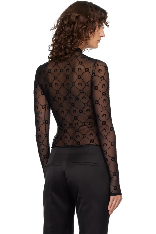 Marine Serre Black Moonogram Mesh Flock Second Skin Top, photo 3 of 5 from SSENSE