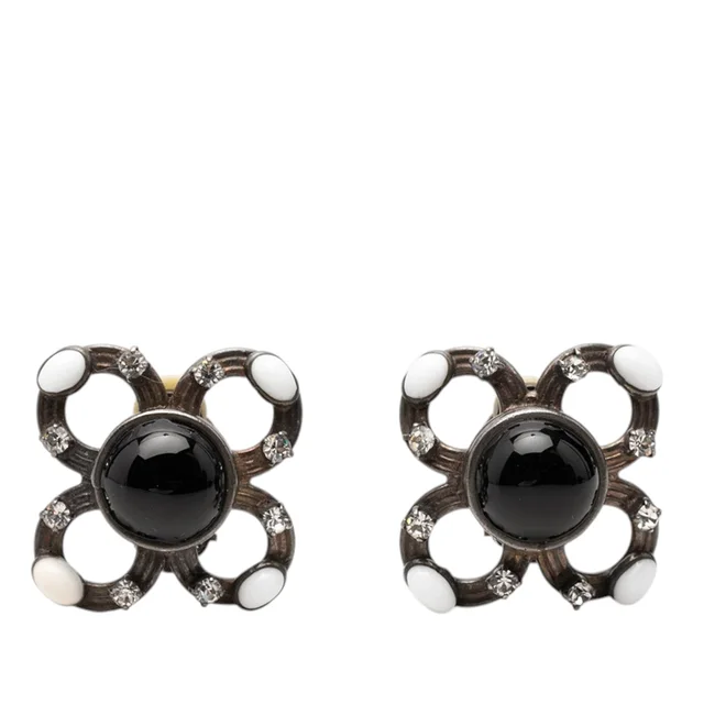 Silver Chanel Brass Cabochon Enamel Strass Clip On Earrings in Silver from Designer Revival